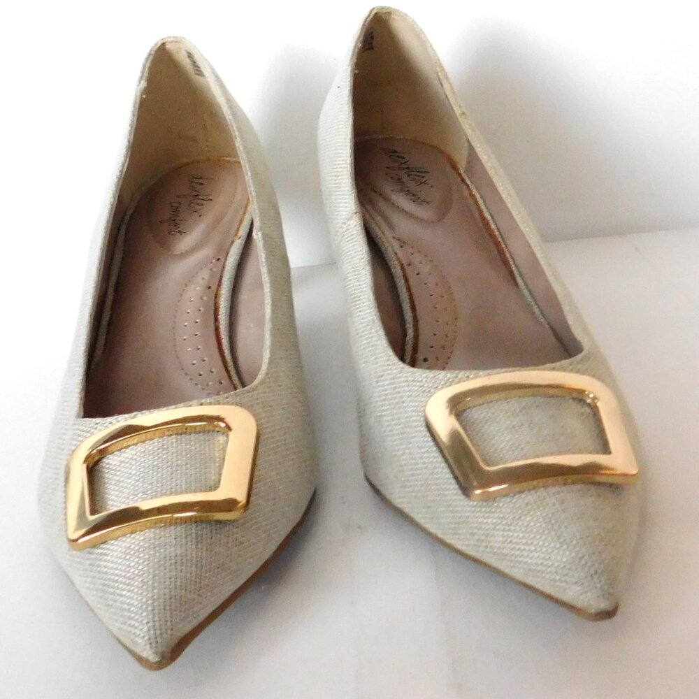 Dexflex Comfort Size 11 Pointed Toe Gold Buckle 2.5 In Heel Linen Textile